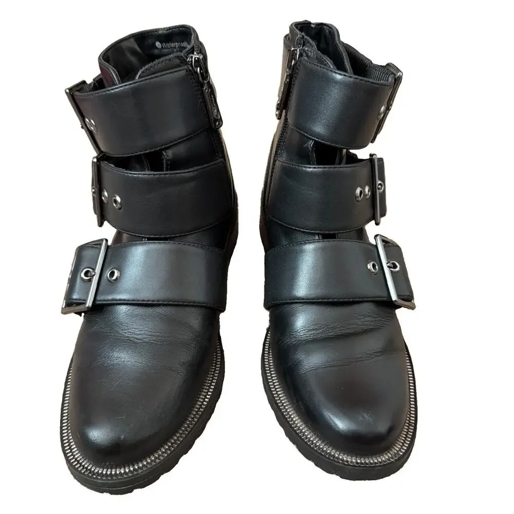 Blondo Camila Moto Biker Leather Booties Womens 6.5 Black Waterproof Side Zip